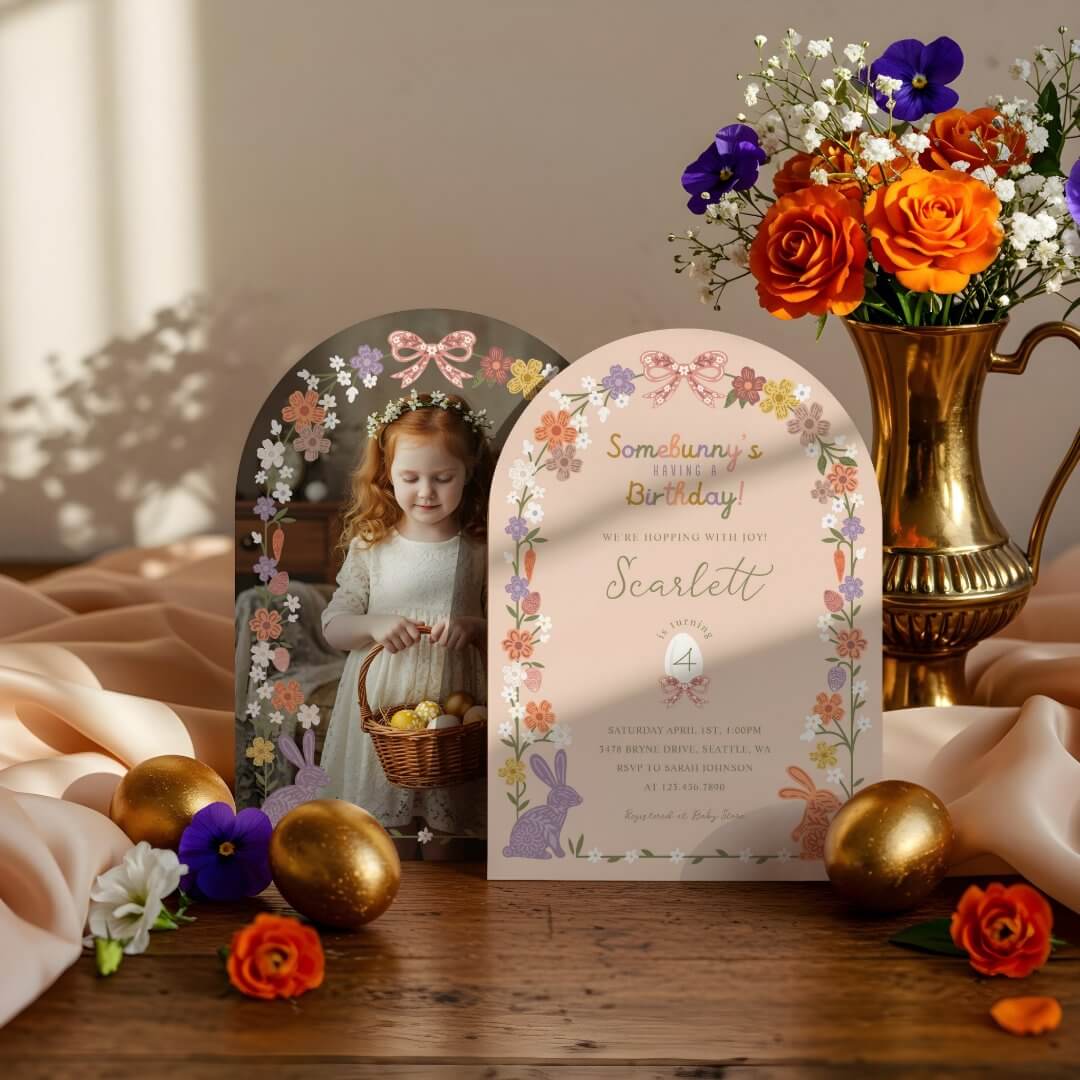 Floral Easter Somebunny’s Having a Birthday Photo Pink Arch Invitation