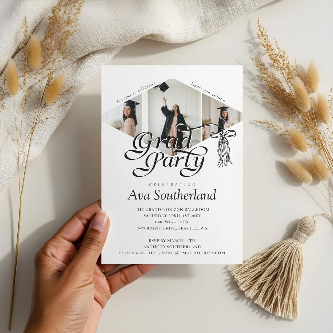 Grad Cap Bow Tassel Photo Collage Graduation Party White Invitation
