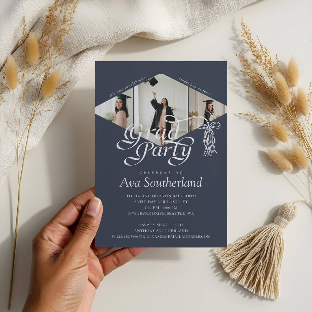 Grad Cap Bow Tassel Photo Collage Graduation Party Navy Invitation