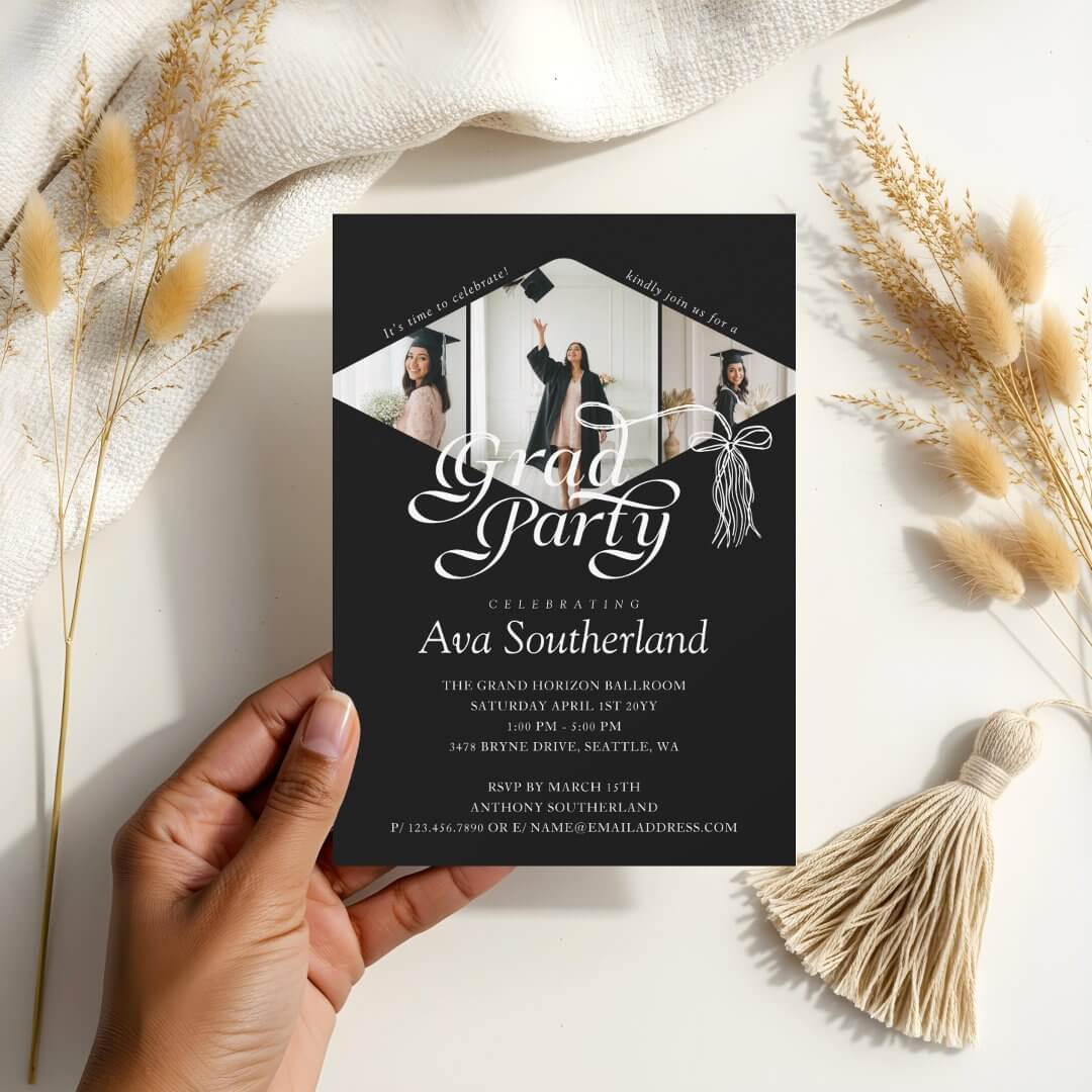 Grad Cap Bow Tassel Photo Collage Graduation Party Black Invitation