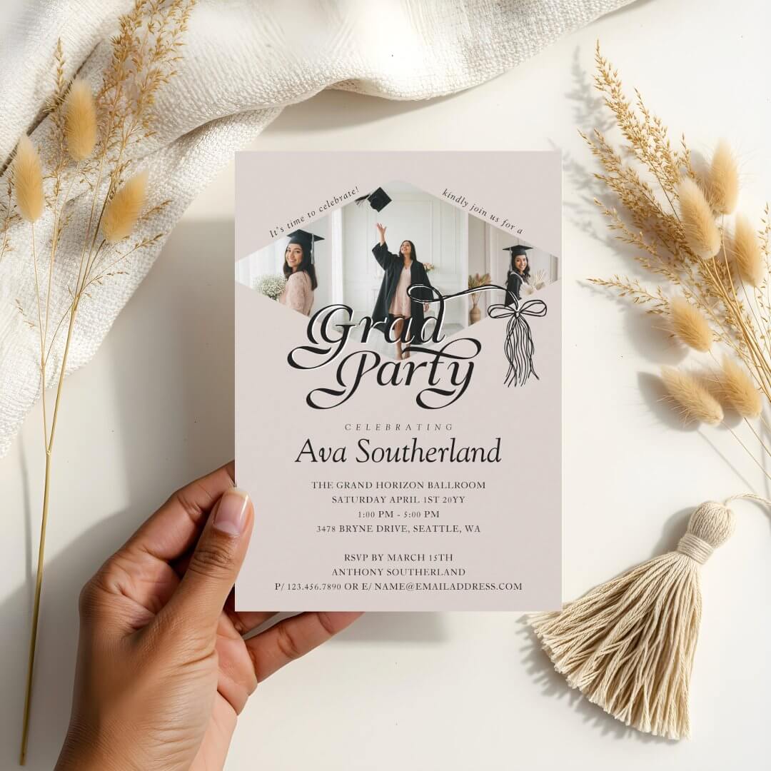 Grad Cap Bow Tassel Photo Collage Graduation Party BeigeInvitation