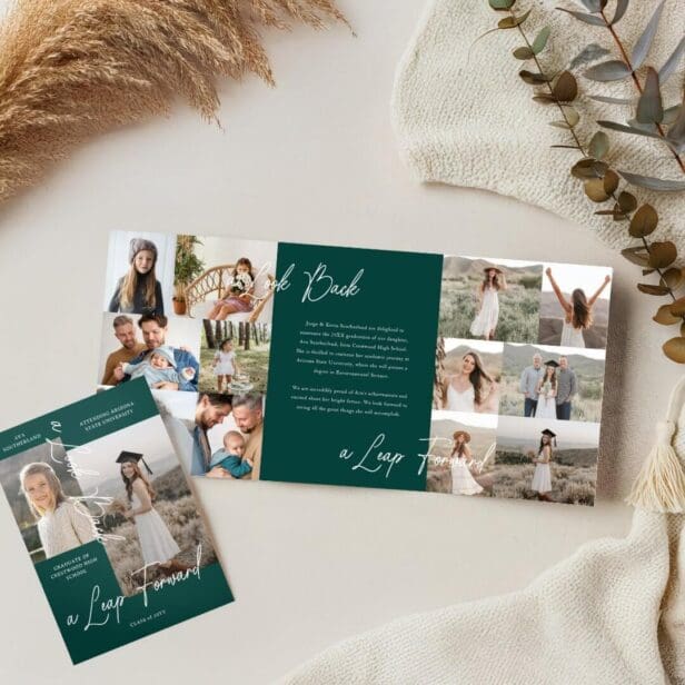 Graduation Party Then & Now Grad Photo Collage Green Tri-Fold Announcement