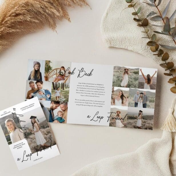 Graduation Party Then & Now Grad Photo Collage White Tri-Fold Announcement