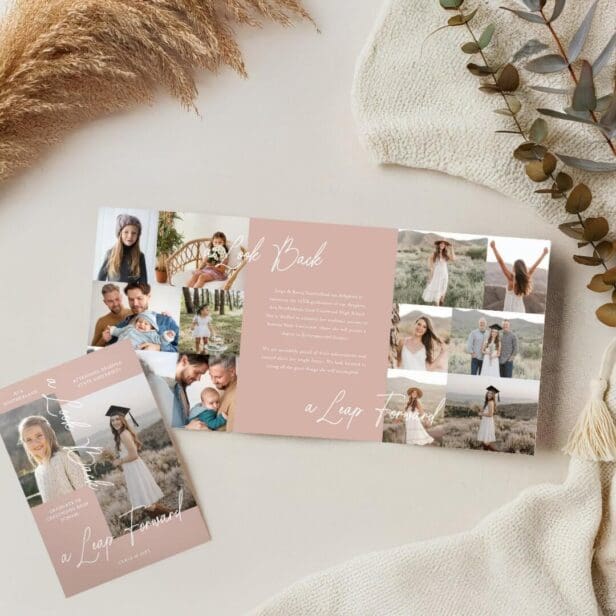 Graduation Party Then & Now Grad Photo Collage Pink Tri-Fold Announcement