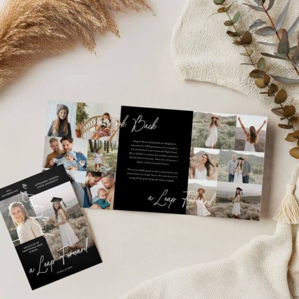 Graduation Party Then & Now Grad Photo Collage Black Tri-Fold Announcement