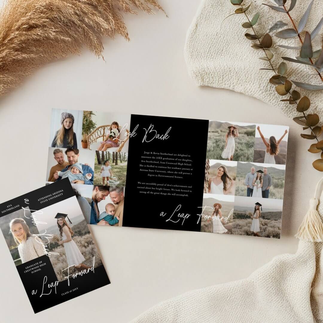 Graduation Party Then & Now Grad Photo Collage Black Tri-Fold Announcement