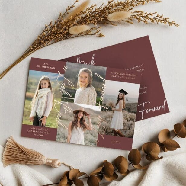 Graduation Then & Now Photo Collage Burgundy Announcement