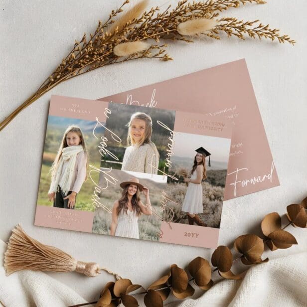Graduation Then & Now Photo Collage Blush Rose Announcement