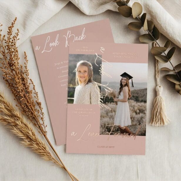 Graduation Then & Now Photo Collage Blush Rose Vertical Announcement