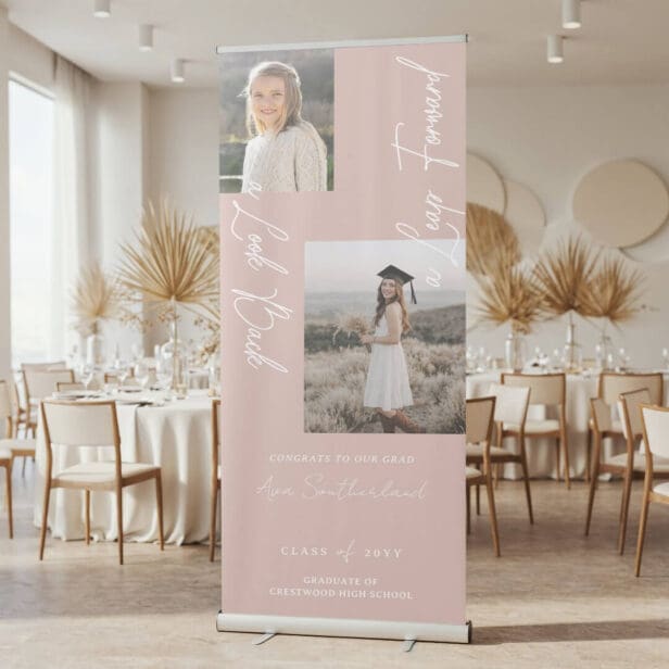 Graduation Then & Now Photo Collage Welcome Party Pink Retractable Banner