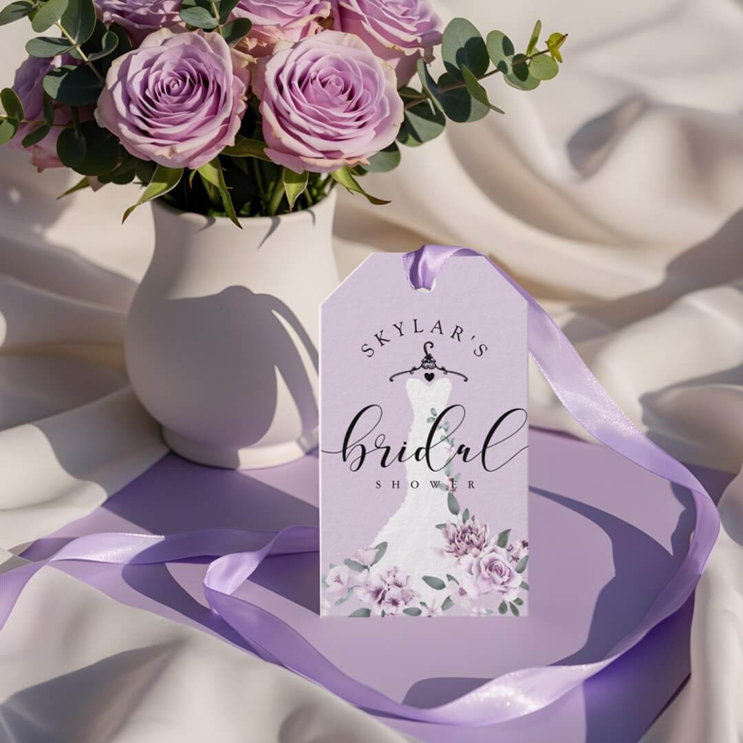 Lavender Florals White Wedding Dress Bridal Shower Gift Tags