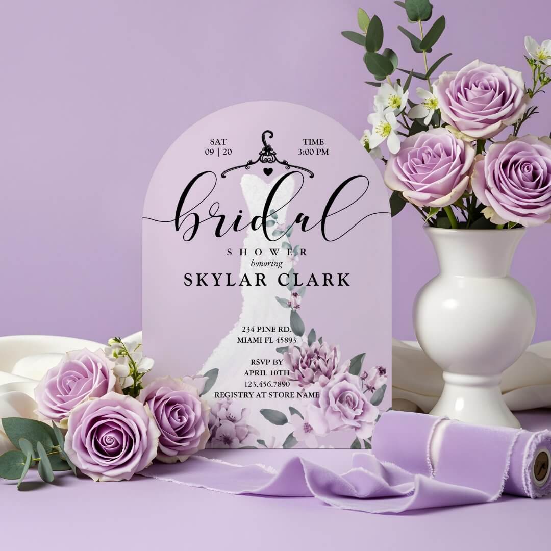 Lavender Florals White Wedding Dress Bridal Shower Invitation