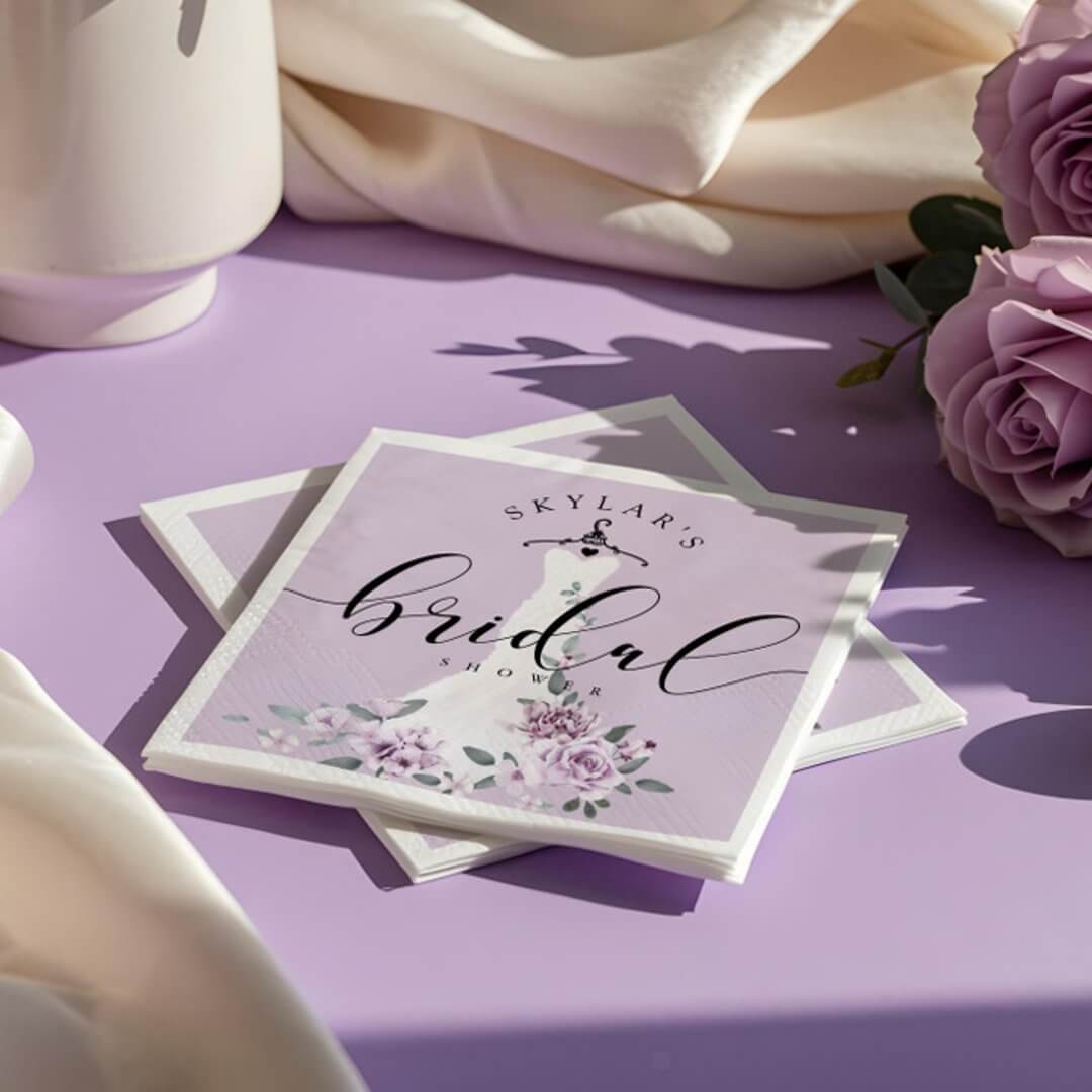 Lavender Florals White Wedding Dress Bridal Shower Napkins