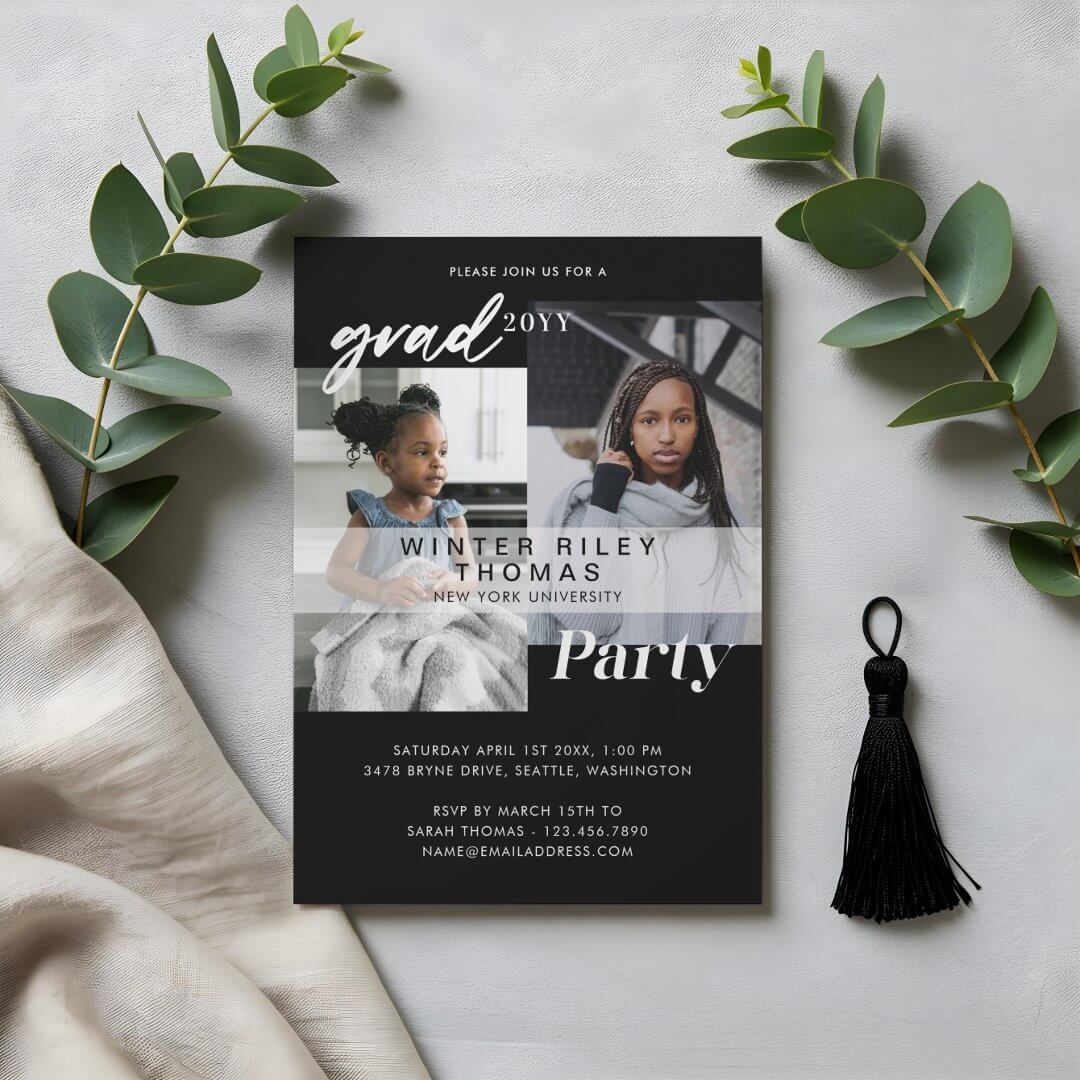 Modern Black Now & Then Two Photo Graduation Party Invitation