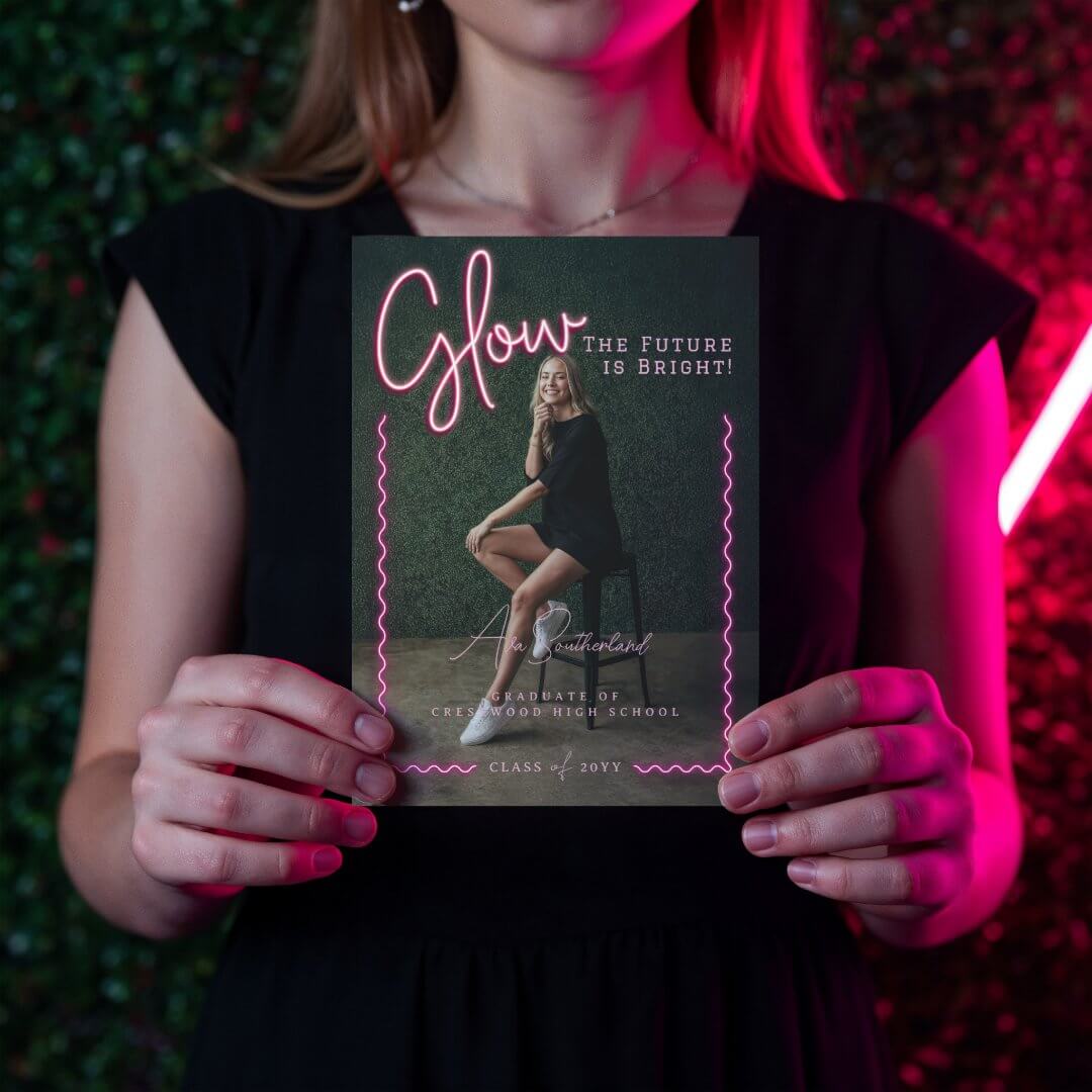 Modern Glow Script Pink Neon Wavy Graduate Photo Announcement