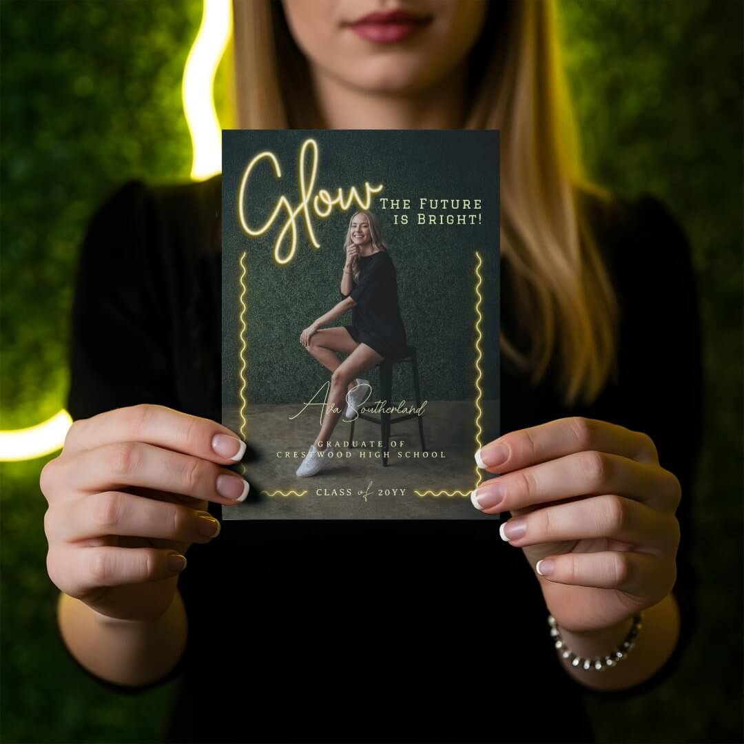 Modern Glow Script Yellow Neon Wavy Graduate Photo Announcement