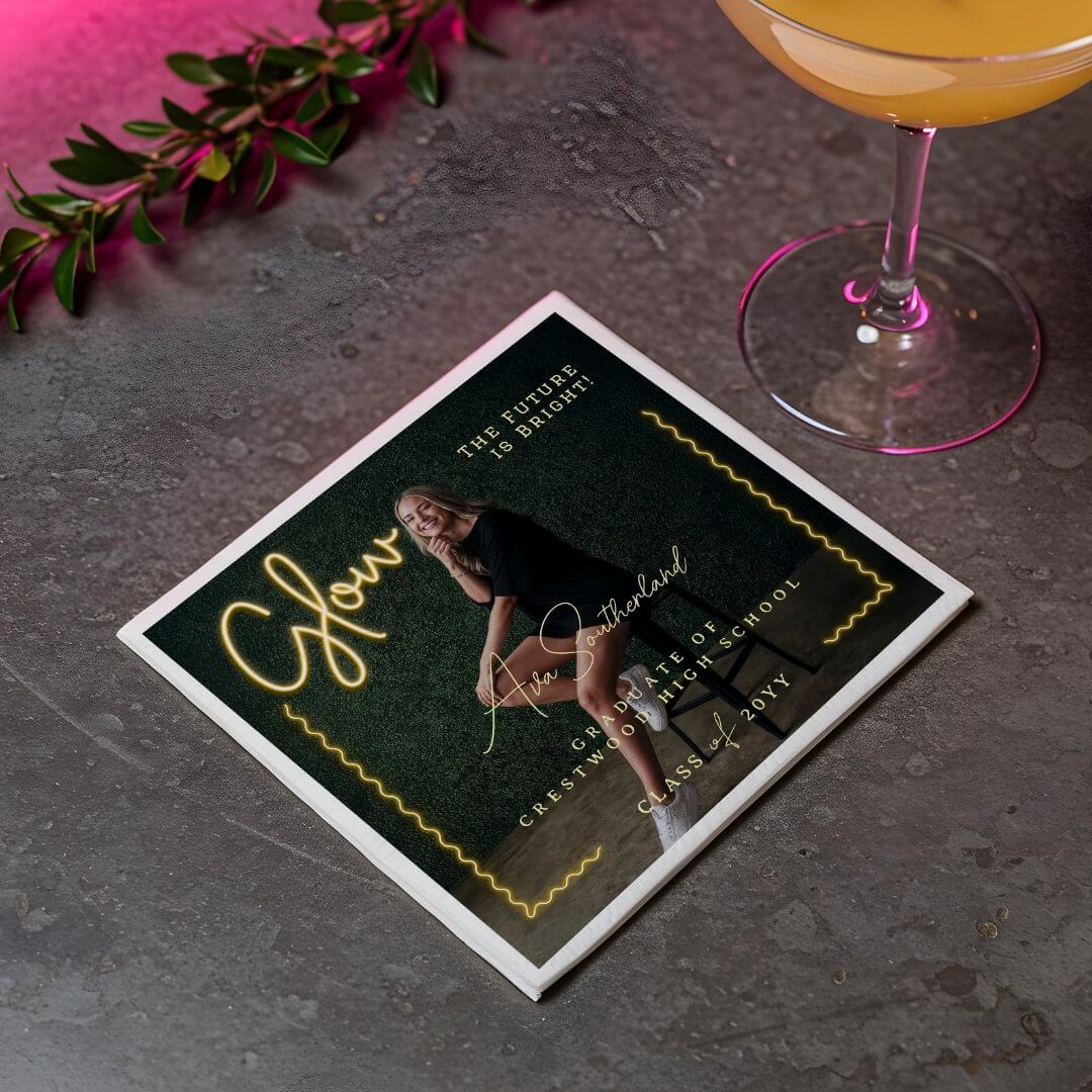 Modern Glow Script Yellow Neon Wavy Graduate Photo Napkins