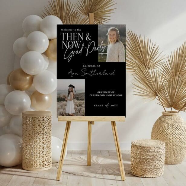 Modern Minimal Then & Now Graduation Party Photos Black Foam Board