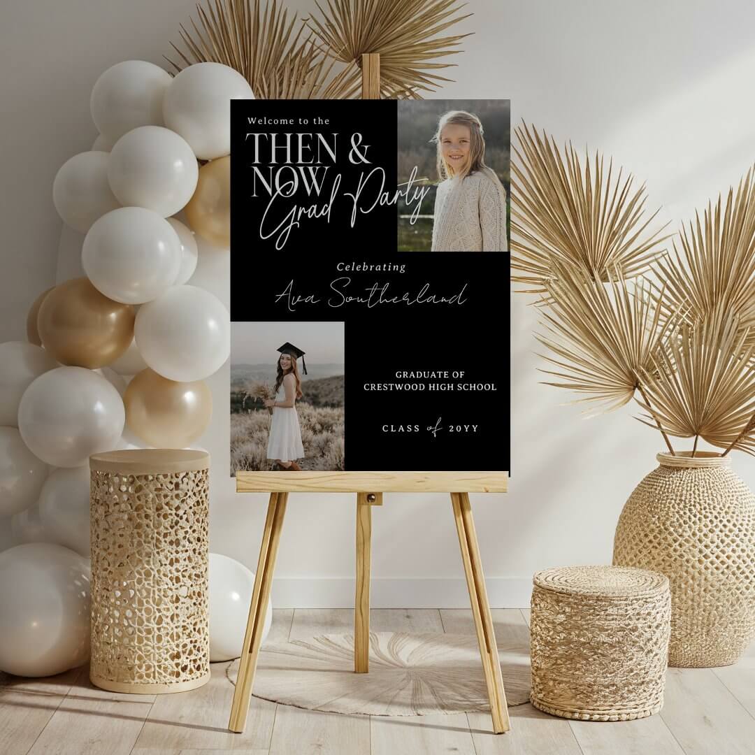 Modern Minimal Then & Now Graduation Party Photos Black Foam Board