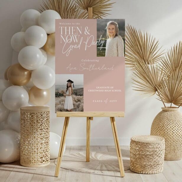Modern Minimal Then & Now Graduation Party Photos Pink Foam Board