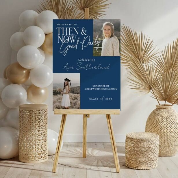 Modern Minimal Then & Now Graduation Party Photos Blue Foam Board