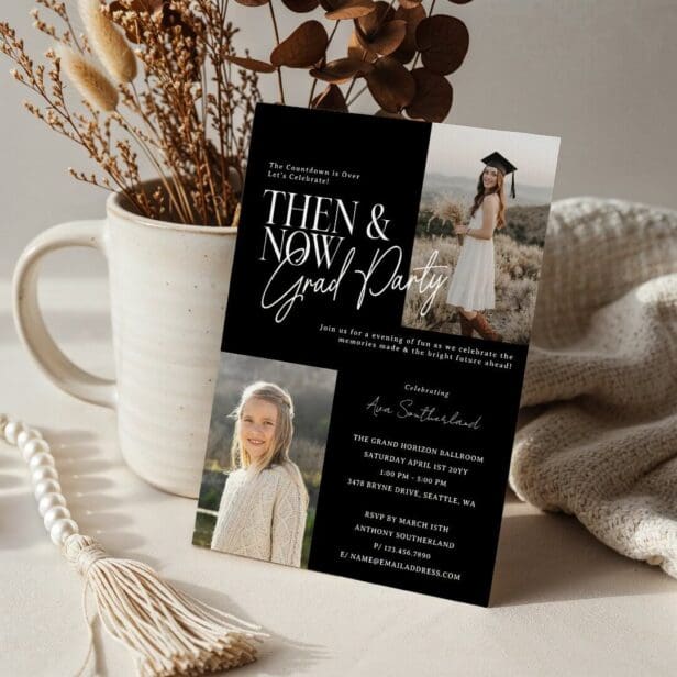 Modern Minimal Then & Now Graduation Party Photos Black Invitation