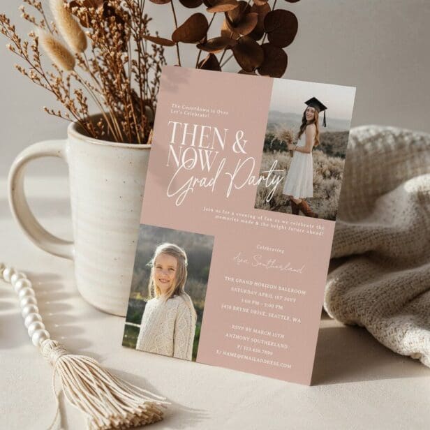Modern Minimal Then & Now Graduation Party Photos Pink Invitation