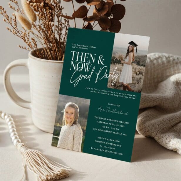 Modern Minimal Then & Now Graduation Party Photos Green Invitation