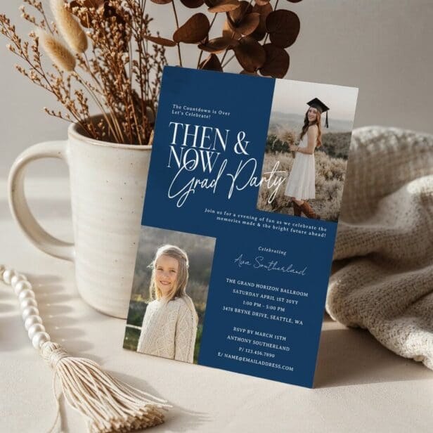 Modern Minimal Then & Now Graduation Party Photos Blue Invitation