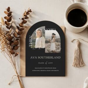 Modern Minimal Then & Now Graduation Party Photos Black Invitation