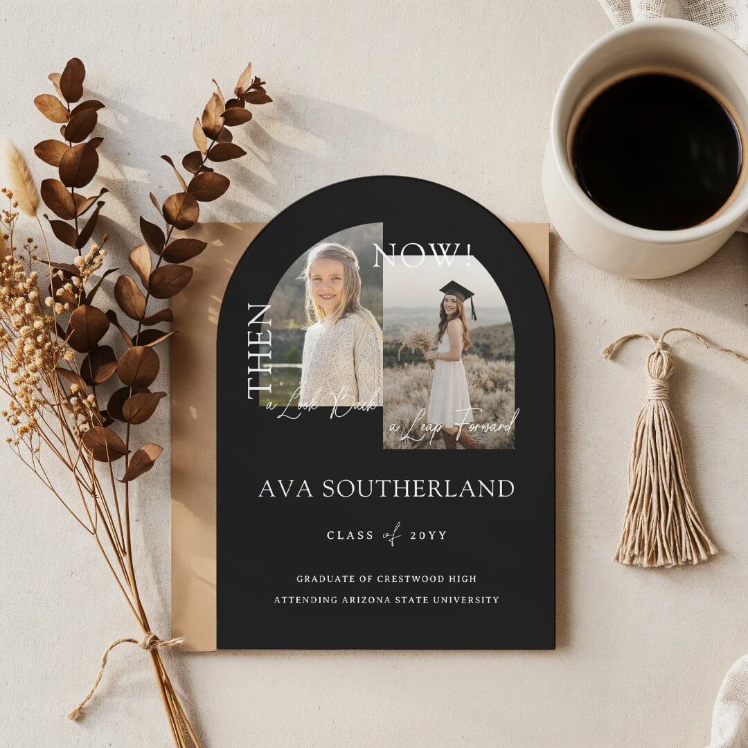 Modern Minimal Then & Now Graduation Party Photos Black Invitation