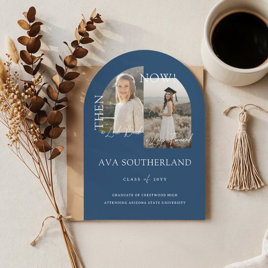 Modern Minimal Then & Now Graduation Party Photos Blue Invitation