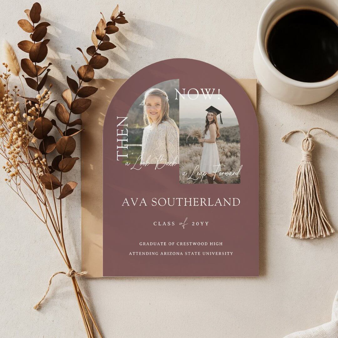 Modern Minimal Then & Now Graduation Party Photos Burgundy Invitation