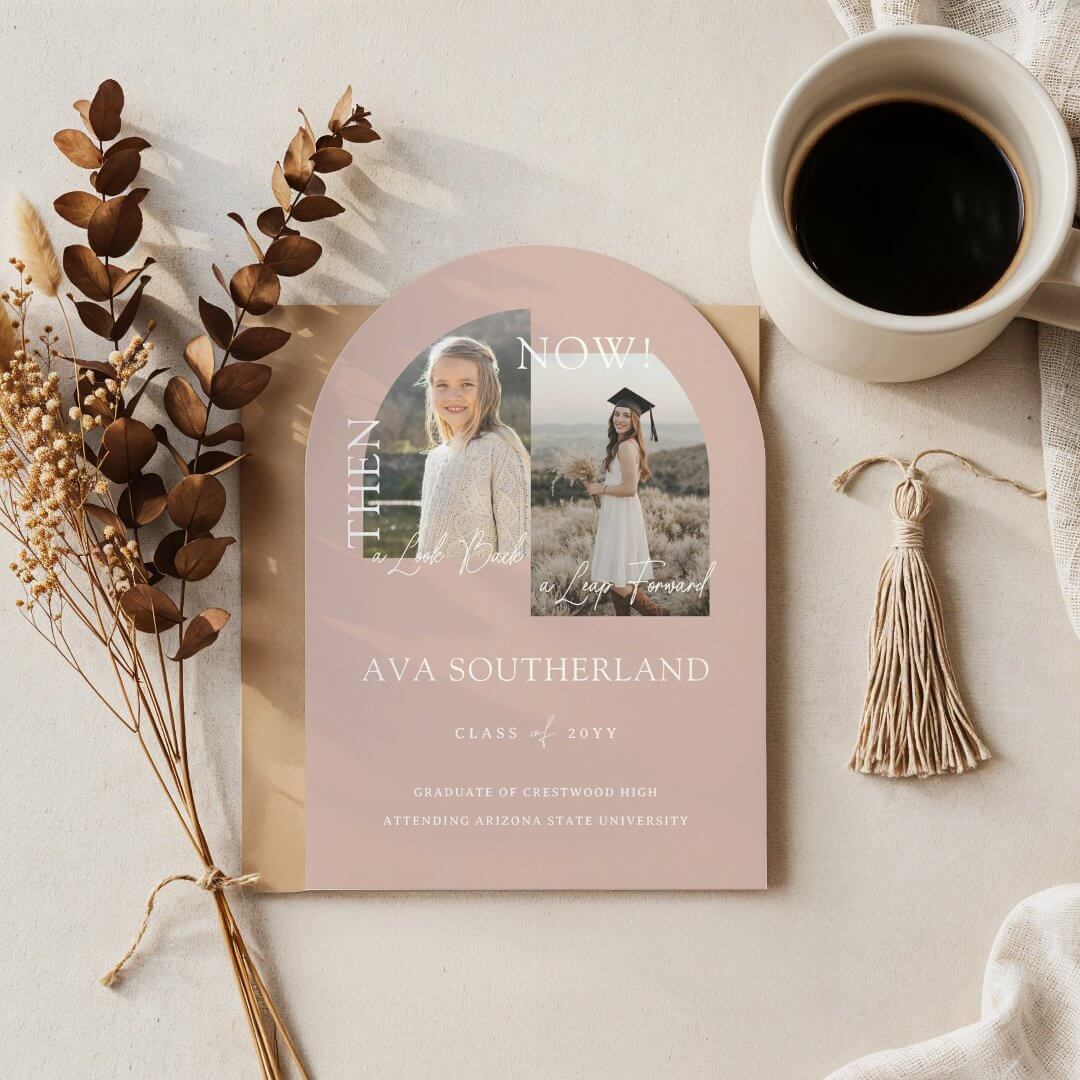 Modern Minimal Then & Now Graduation Party Photos Pink Invitation