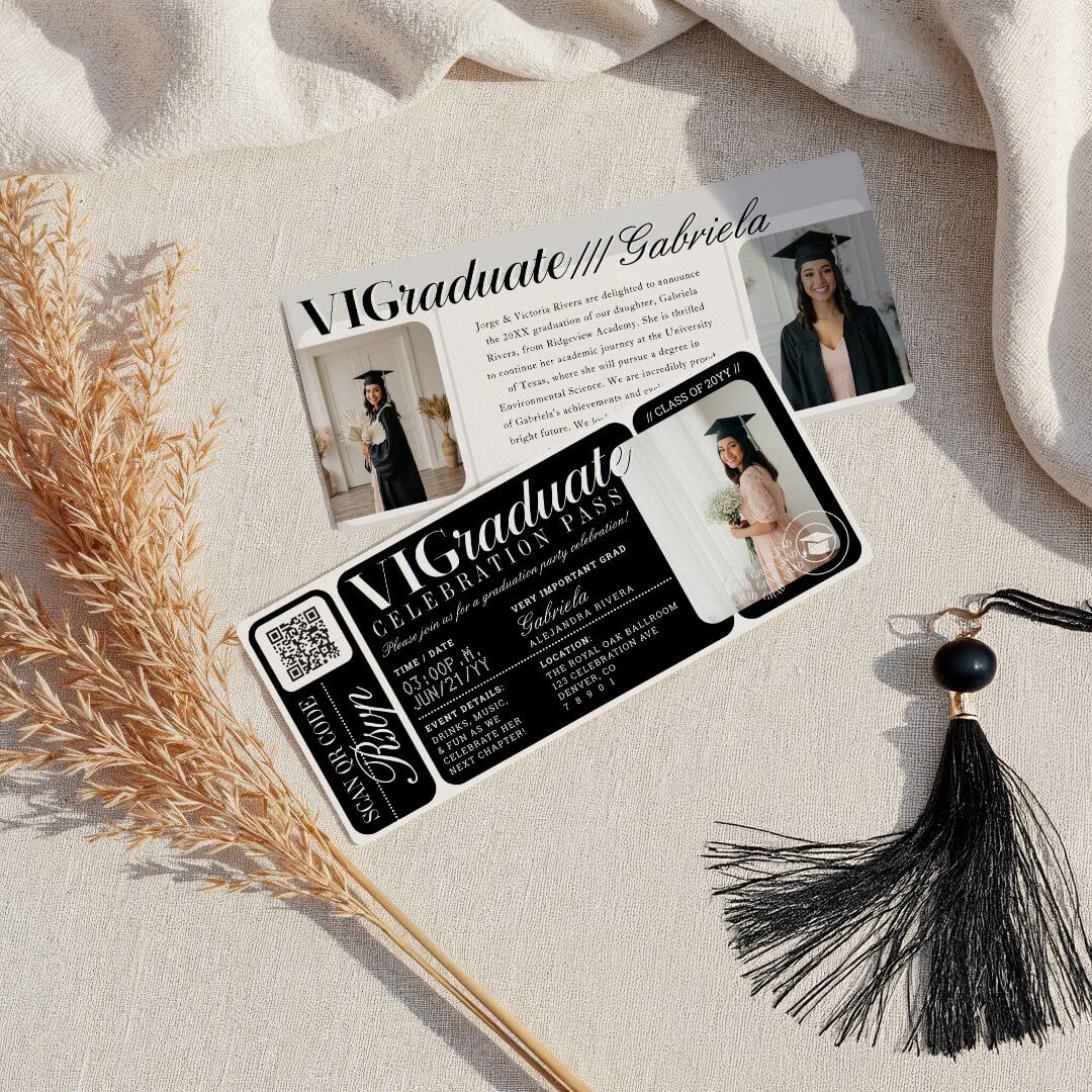 Modern Photo Graduation Party Event Ticket QR Code Black Invitation