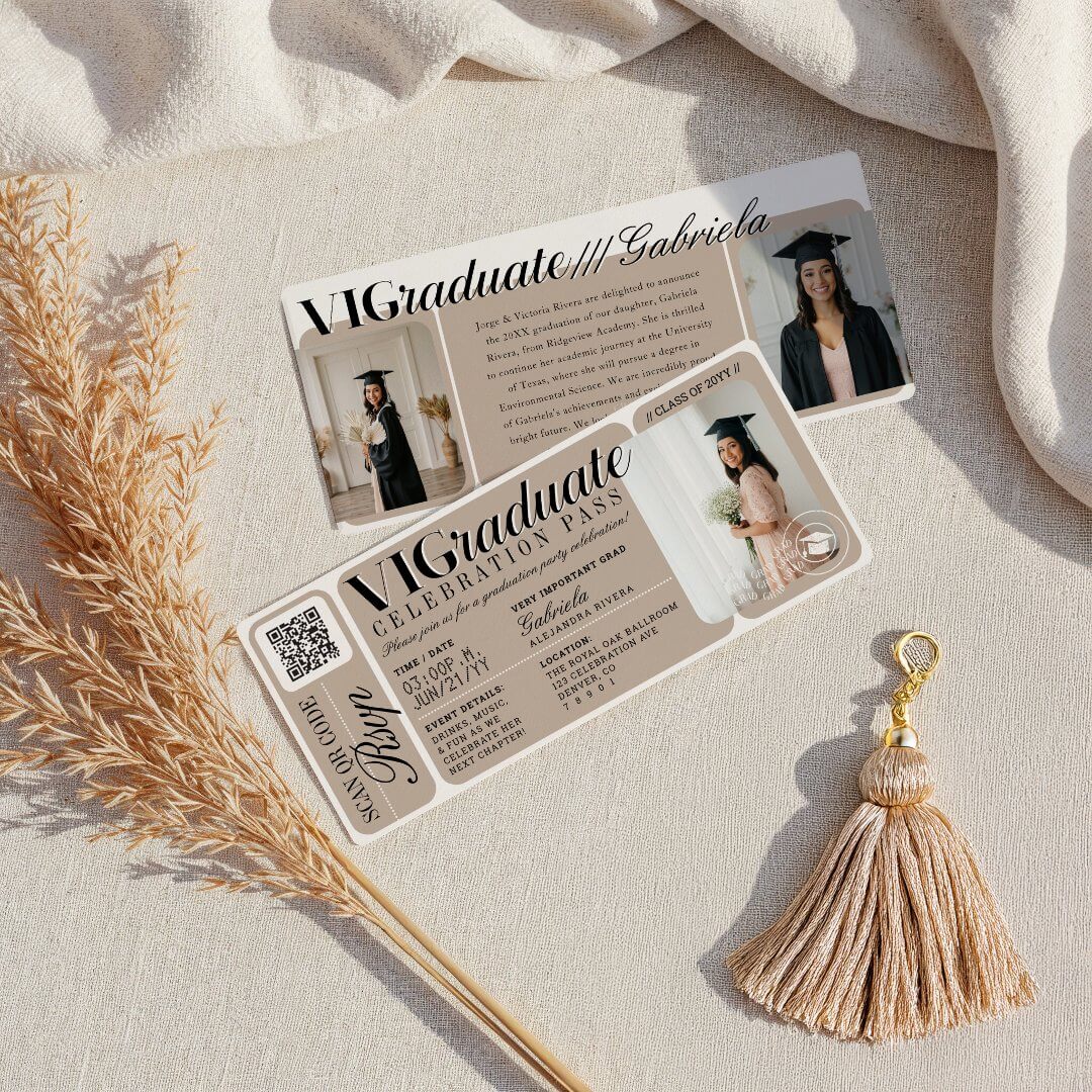 Modern Photo Graduation Party Event Ticket QR Code Beige Invitation