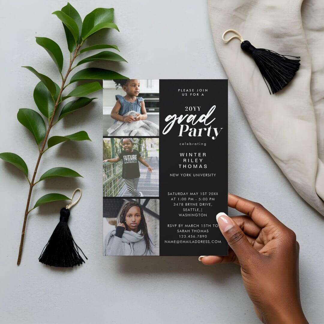 Modern Black Now & Then 3 Photo Graduation Party Invitation