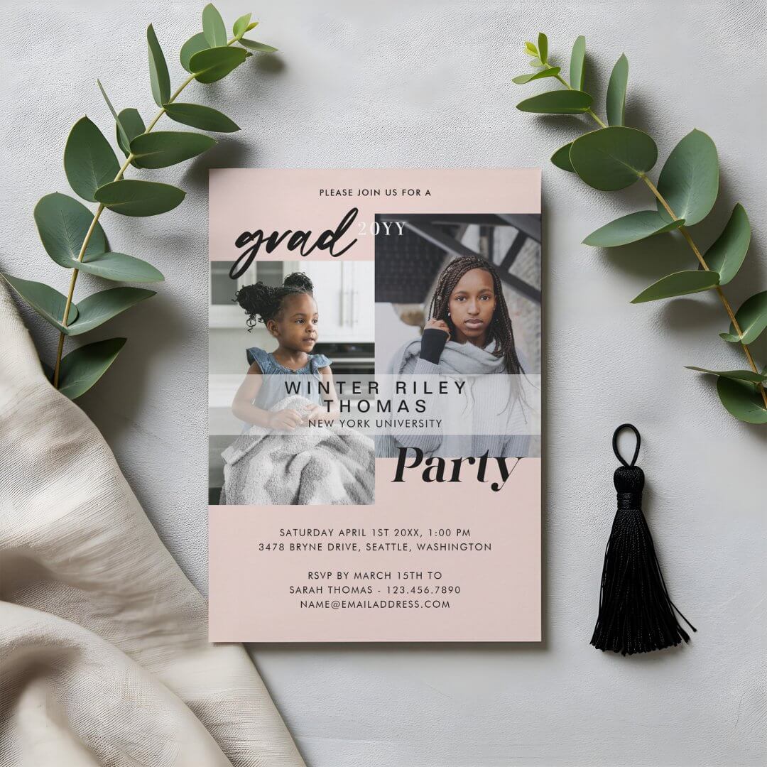 Modern Pink Now & Then Two Photo Graduation Party Invitation