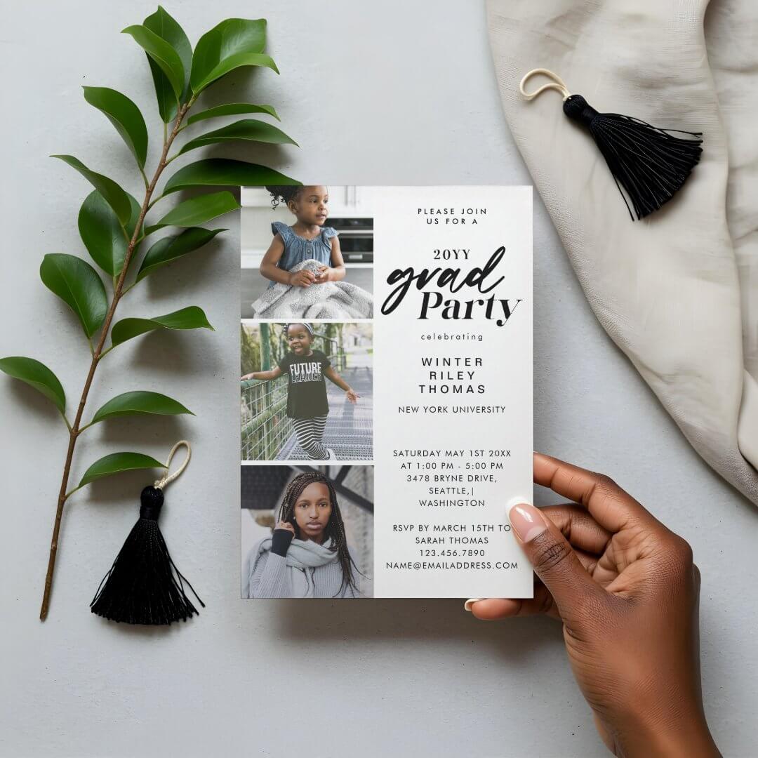 Modern White Now & Then 3 Photo Graduation Party Invitation