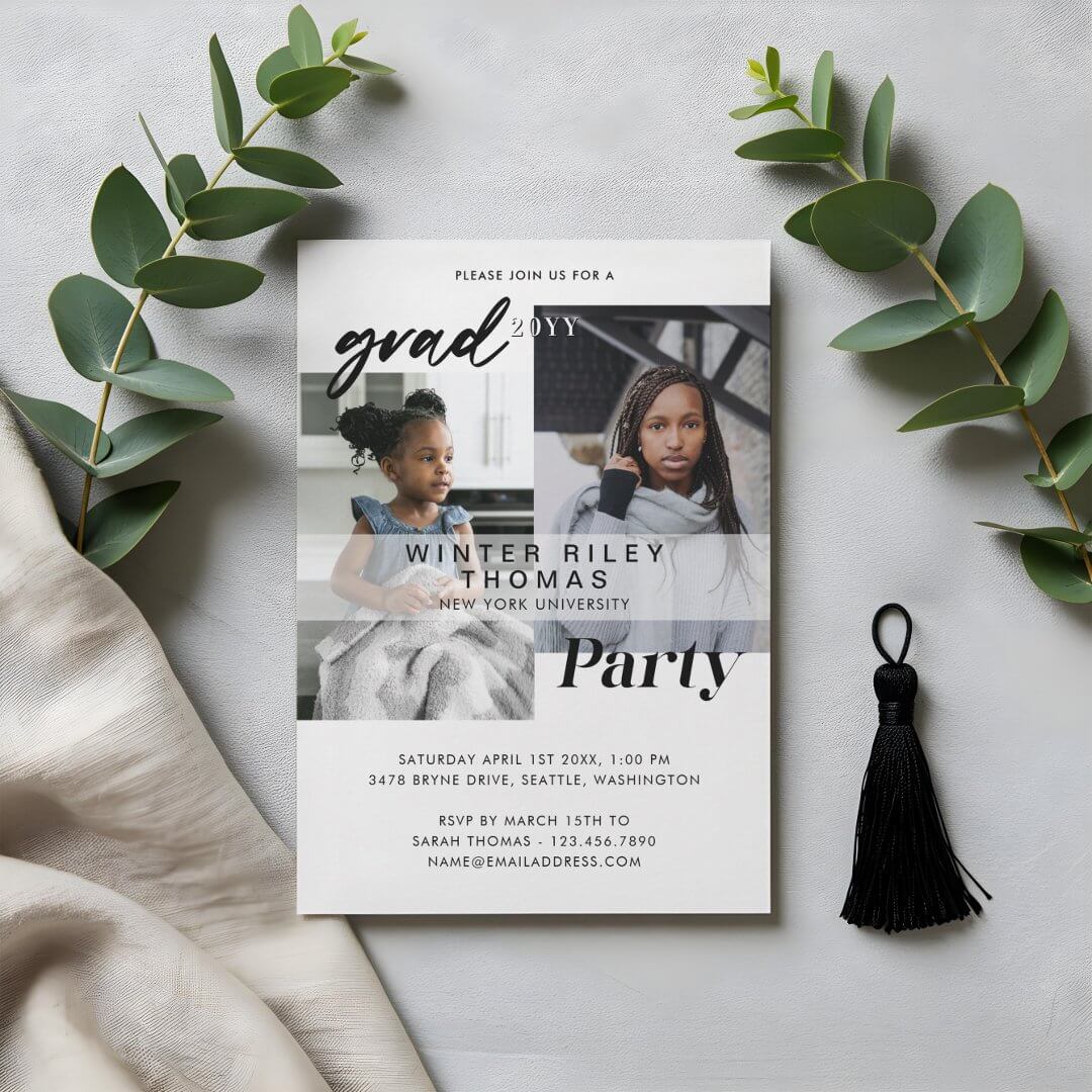 Modern White Now & Then Two Photo Graduation Party Invitation