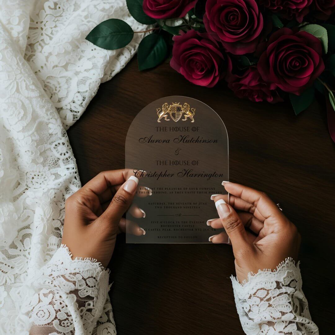 Royal Muse Medieval Fantasy Plum Floral Wedding Acrylic Invitations