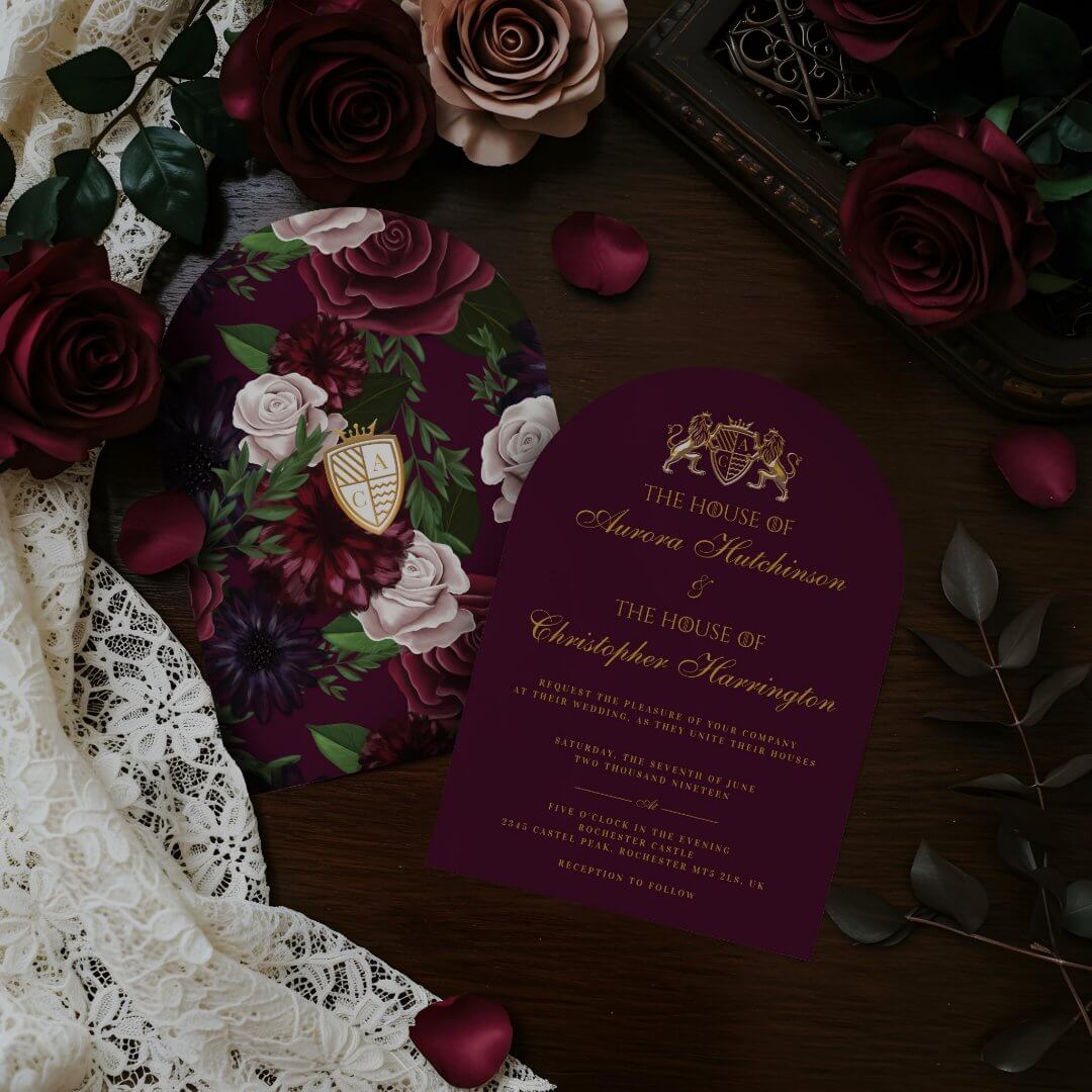 Royal Muse Medieval Fantasy Plum Floral Wedding Arch Invitation