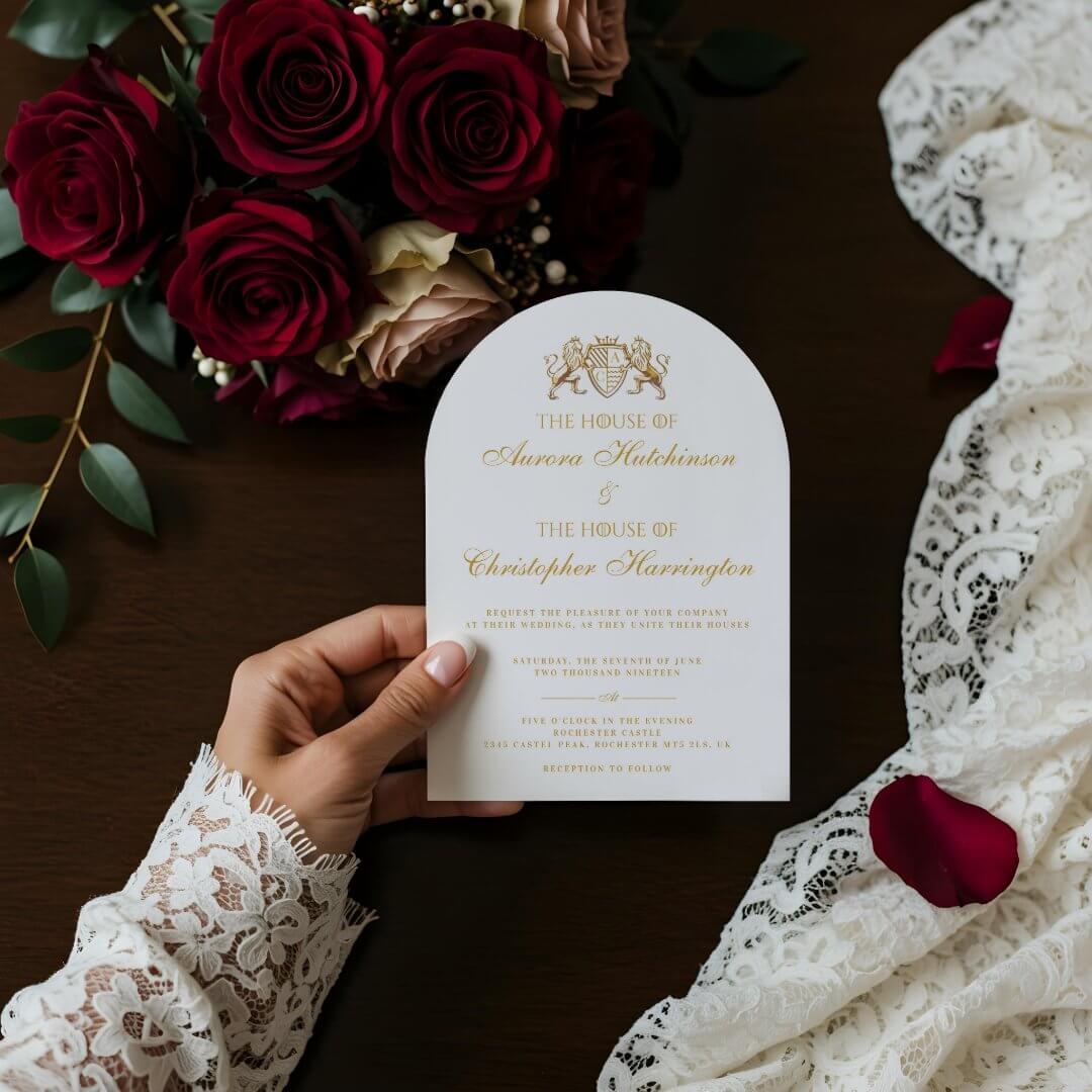 Royal Muse Medieval Fantasy Plum Floral Wedding Arch Invitation