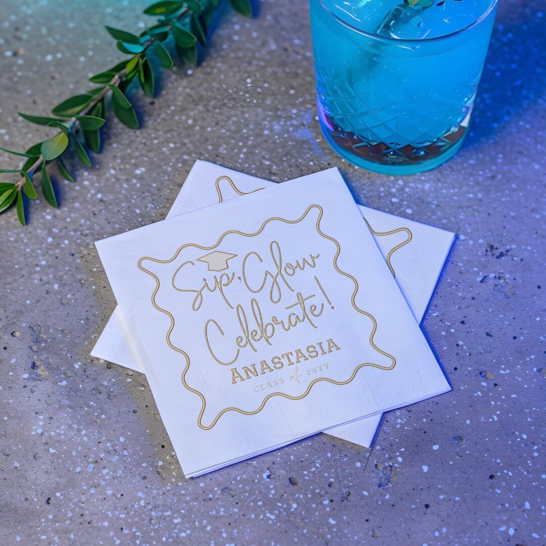 Sip Glow Celebrate Script Grad Cap Graduation Foil Napkins
