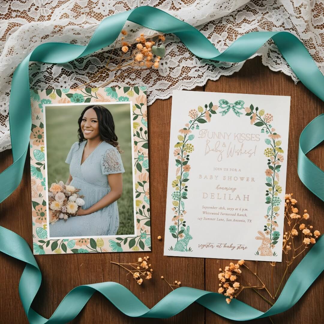 Spring Wildflower Easter Bunny Baby Girl Shower Bow Foil Invitation