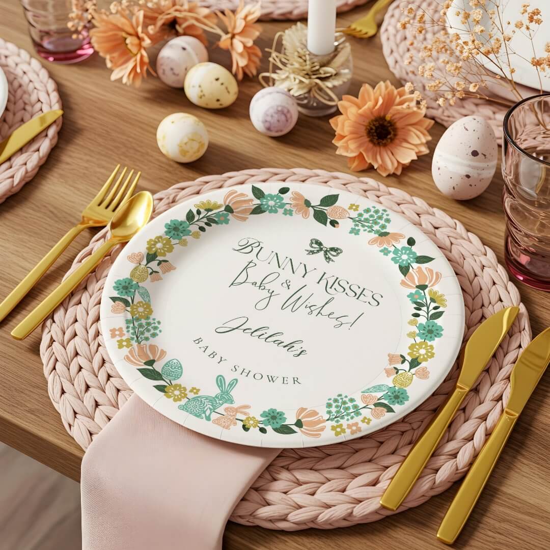 Spring Wildflower Easter Bunny Baby Shower Bow Paper Plates