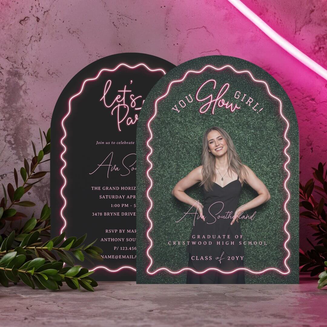 You Glow Girl Wavy Pink Neon Graduation Photo Arch Invitation