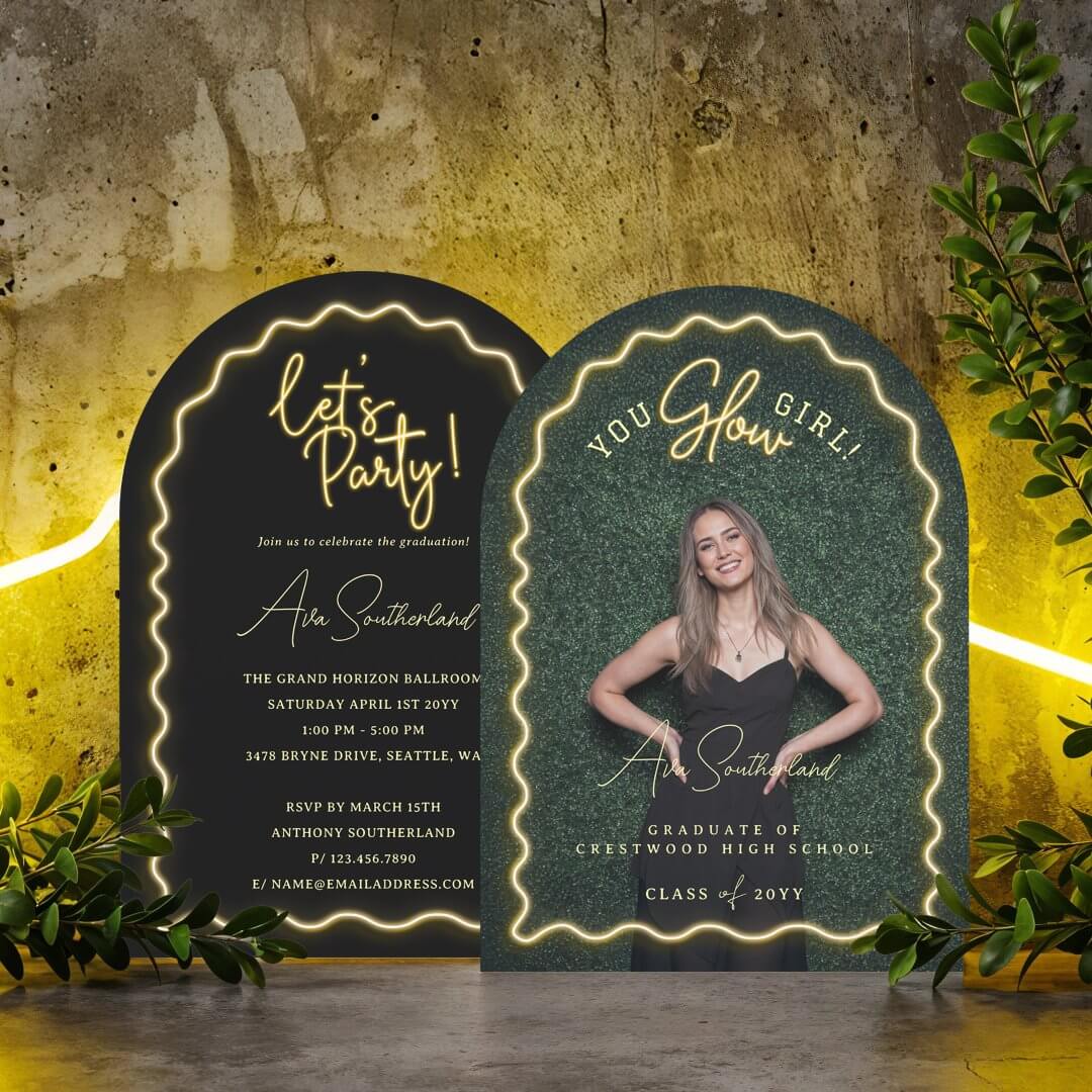 You Glow Girl Wavy Yellow Neon Graduation Photo Arch Invitation