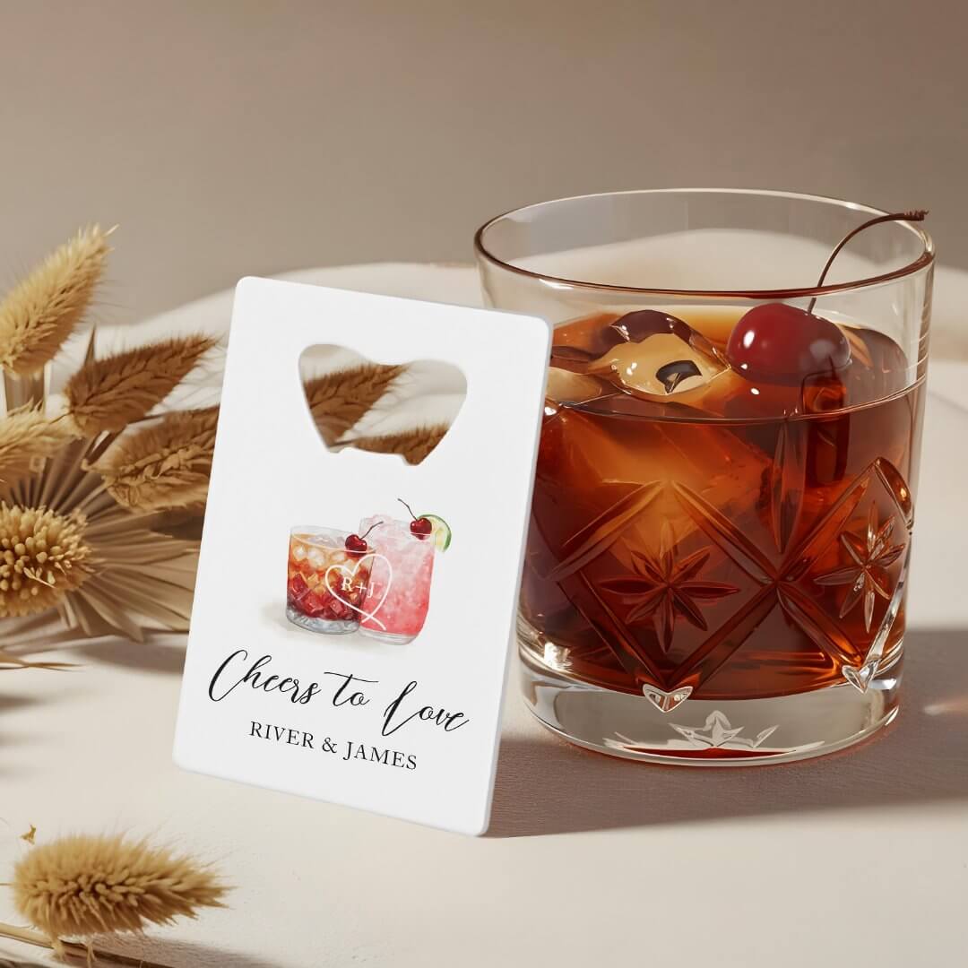 Cheers to Love Watercolor Cocktails Wedding Favor Credit Card Bottle Opener