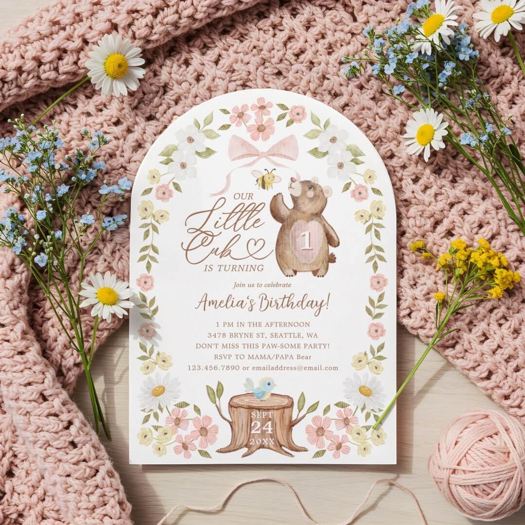 Cute Girl Floral Woodland Bear Little Cub 1st Birthday Invitation